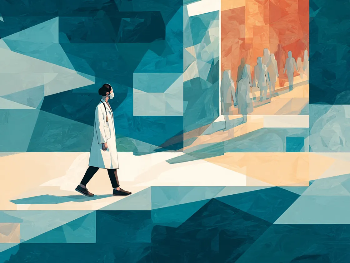 A lone clinician casting a long shadow across a geometric landscape