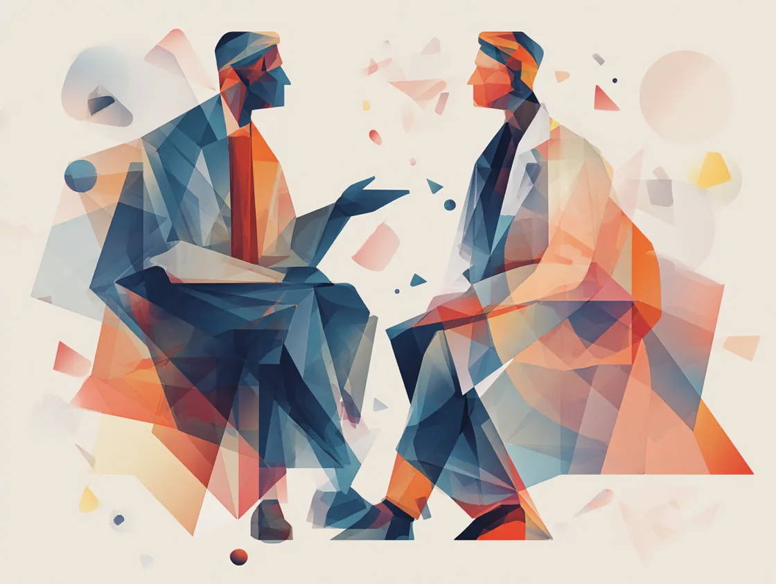 Two clinicians in conversation, rendered in flat geometric style