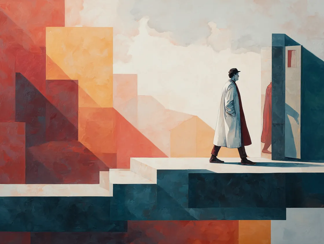 A figure climbing geometric steps that rise ever higher