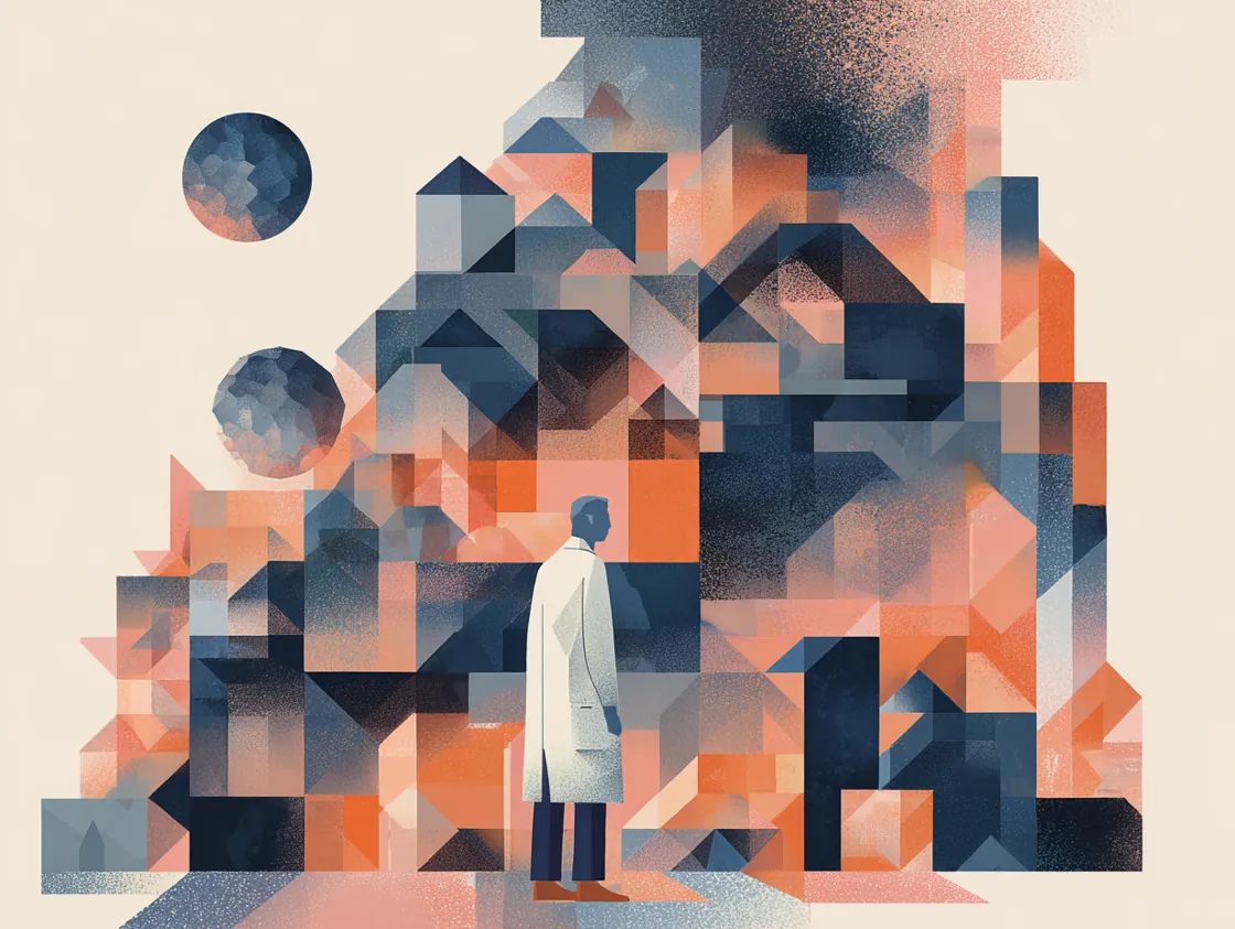 A lone clinician within a vast geometric system, representing the medico-legal landscape
