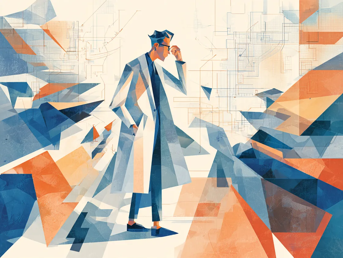 A clinician striding through a geometric world