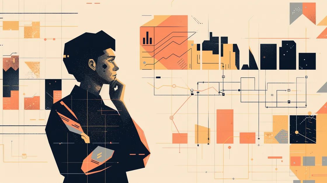 A clinician in contemplation against a geometric backdrop