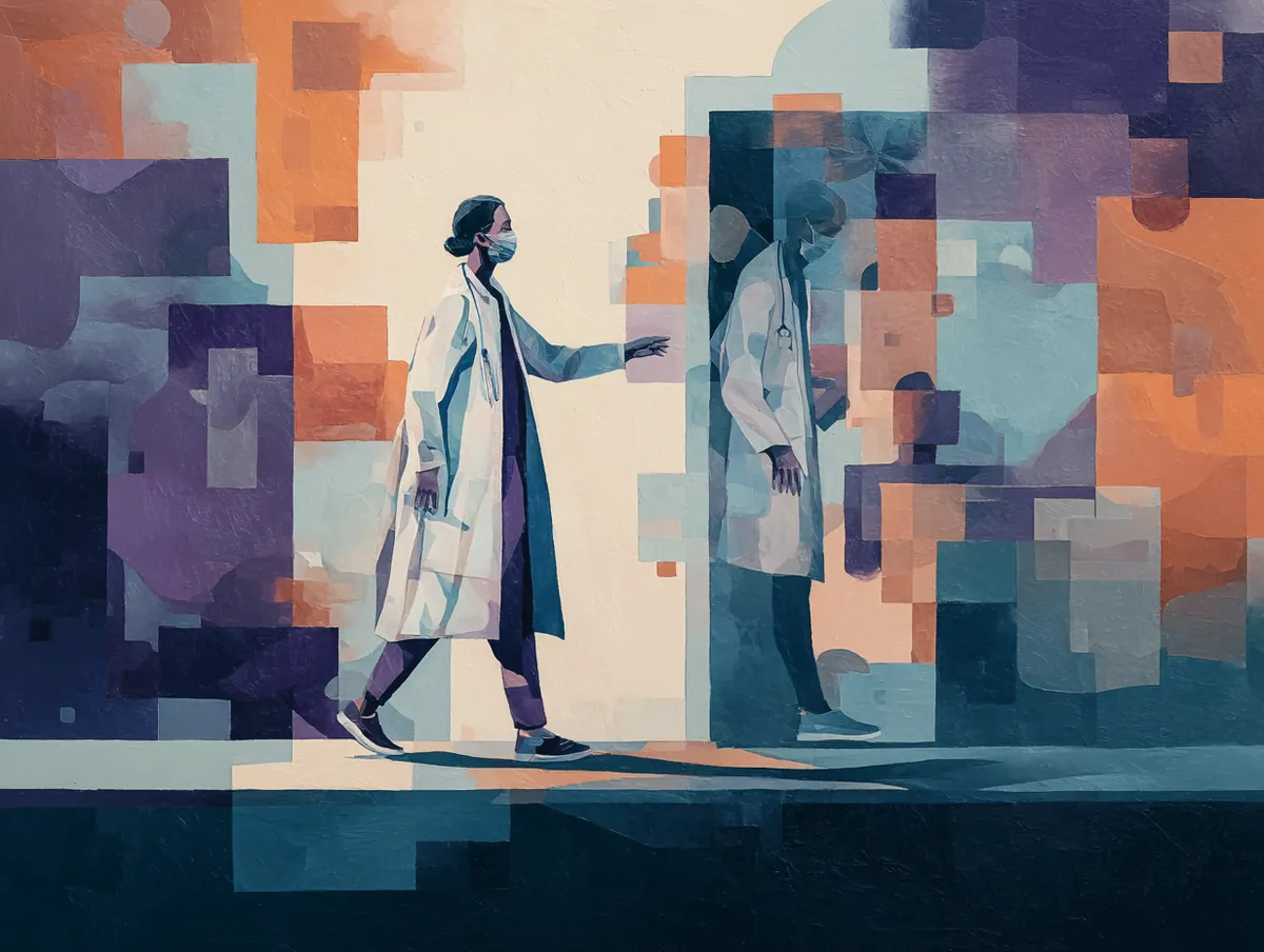 Two clinicians working together in flat geometric style, representing governance built and maintained with a practice